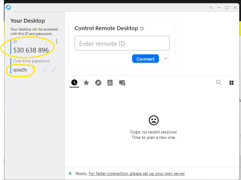 RustDesk showing Desktop ID and One-time password.