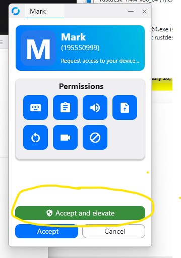 Accept and elevate button highlighted.