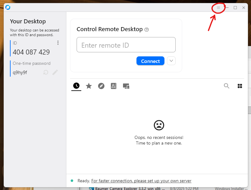 Click the Settings button in the upper right corner of RustDesk.