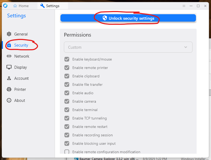 Security tab and Unlock Security Settings button.