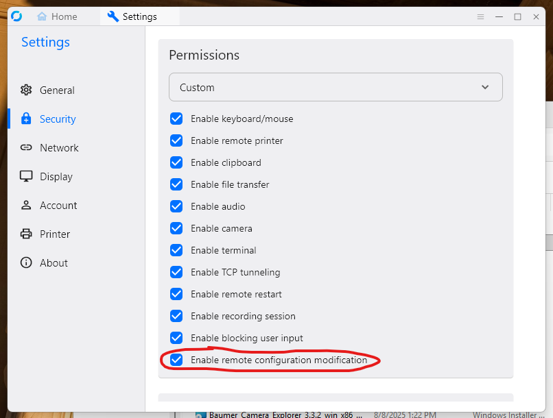 Enable remote configuration modification checkbox under Permissions.